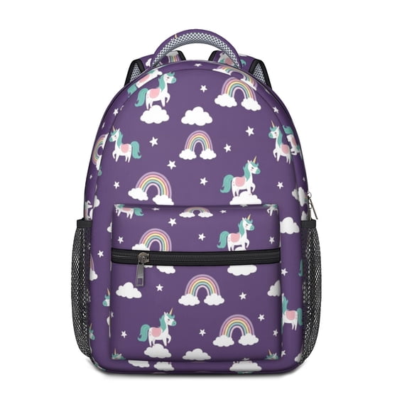 Unicorn and Rainbow Purple Pattern Backpack for School, Cute School Bag with Adjustable Shoulder Straps and Padded Back, 15.3"x11"x6.7"