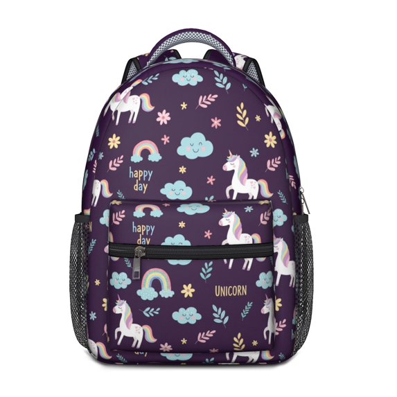 Unicorn and Rainbow Purple Pattern Backpack for School, Cute School Bag with Adjustable Shoulder Straps and Padded Back, 15.3"x11"x6.7"