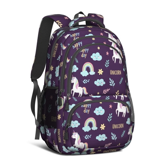 Unicorn and Rainbow Purple Pattern Backpack for School, Cute School Bag with Adjustable Shoulder Straps and Padded Back, 16.9"x12.6"x5.9"