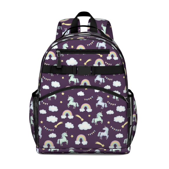 Unicorn and Rainbow Purple Pattern Cute School Backpack Bag for School with Padded Back and Adjustable Shoulder Straps 15.25"x11.5"x5.25"