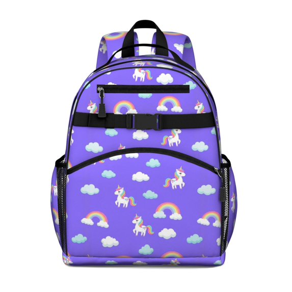 Unicorn and Rainbow Purple Pattern Cute School Backpack Bag for School with Padded Back and Adjustable Shoulder Straps 15.25"x11.5"x5.25"