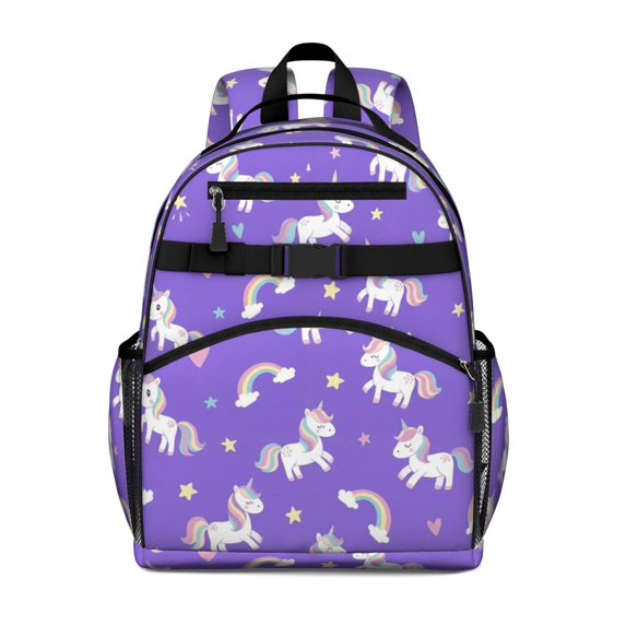 Unicorn and Rainbow Purple Pattern Cute School Backpack Bag for School with Padded Back and Adjustable Shoulder Straps 15.25"x11.5"x5.25"