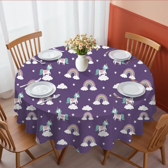 Unicorn and Rainbow Purple Pattern Round Tablecloth 70"x70", Wrinkle Resistant Wipeable Table Cover for Kitchen Dining Room Picnic Patio and Party