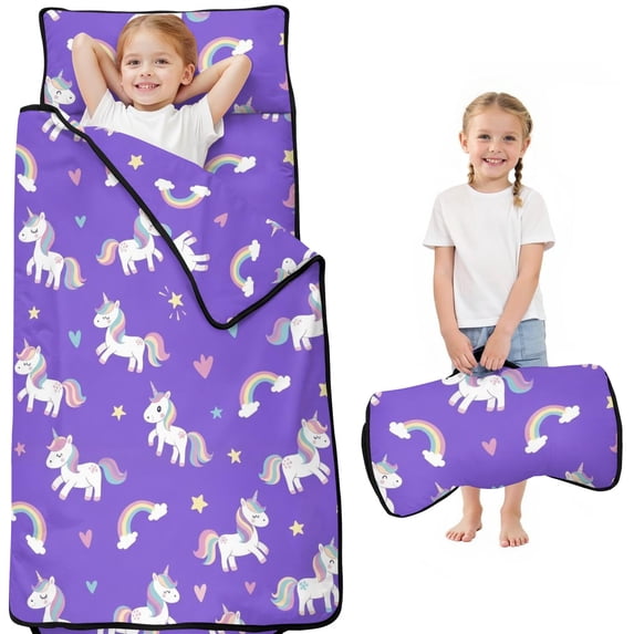 Unicorn and Rainbow Purple Pattern Teens Toddler Nap Mat with Pillow, Sleeping Mat Bag for Preschool Daycare 50"x20"