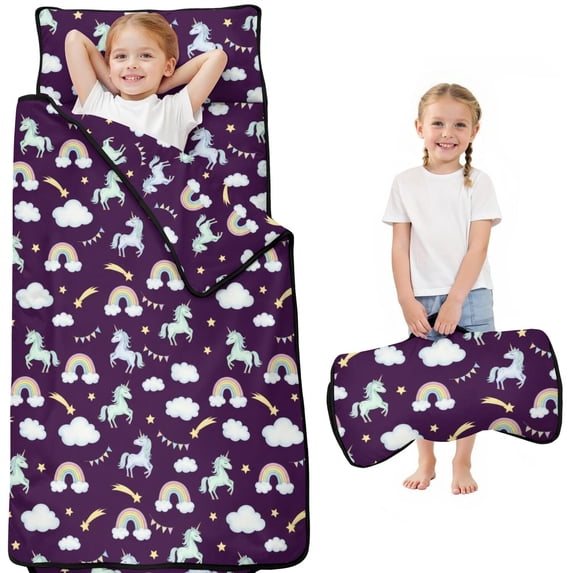 Unicorn and Rainbow Purple Pattern Teens Toddler Nap Mat with Pillow, Sleeping Mat Bag for Preschool Daycare 50"x20"