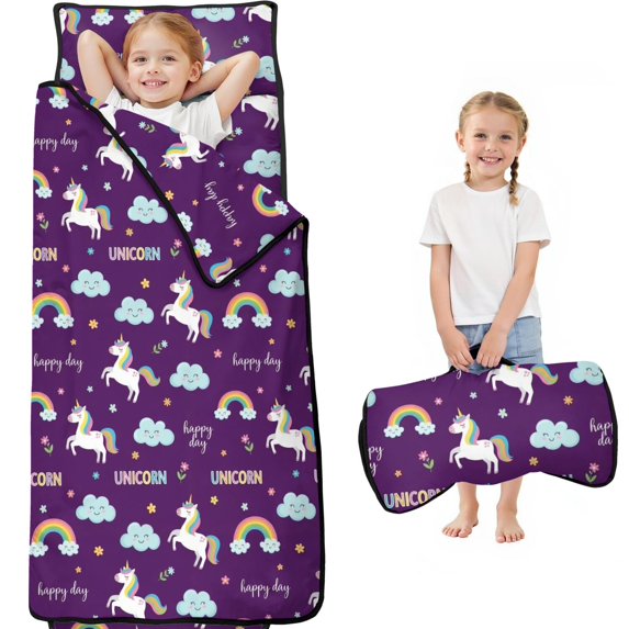 Unicorn and Rainbow Purple Pattern Teens Toddler Nap Mat with Pillow, Sleeping Mat Bag for Preschool Daycare 59"x22"