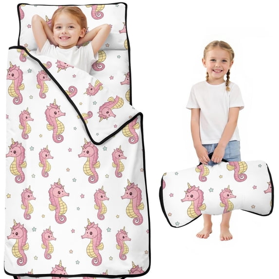 Unicorn and Seahorse White Pattern Teens Toddler Nap Mat with Pillow, Sleeping Mat Bag for Preschool Daycare 50"x20"