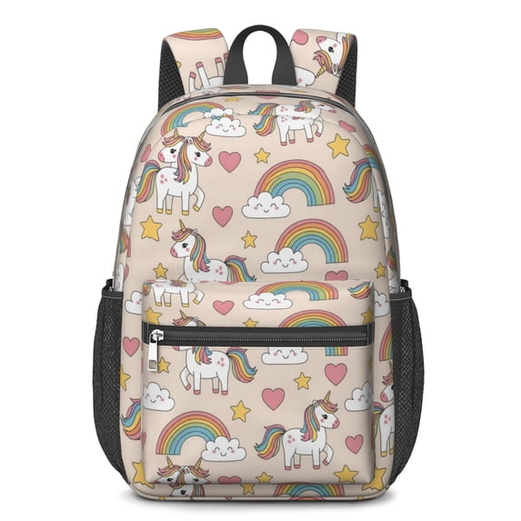 Unicorn and Star Beige Pattern 17" Waterproof Oxford School Backpacks for Teens, S-Shape Padded Straps, for School, Travel, Hiking, Camping