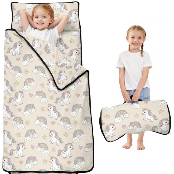 Unicorn and Star Beige Pattern Kids Nap Mat, Preschool Sleeping Pad with Handle & Fastening Straps, Hypoallergenic Gifts for Birthday Holiday,50"x20"