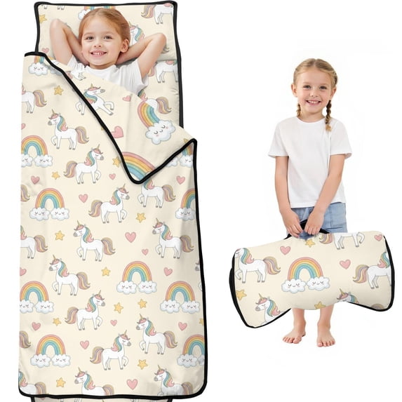 Unicorn and Star Beige Pattern Teens Toddler Nap Mat with Pillow, Sleeping Mat Bag for Preschool Daycare 60"x20"