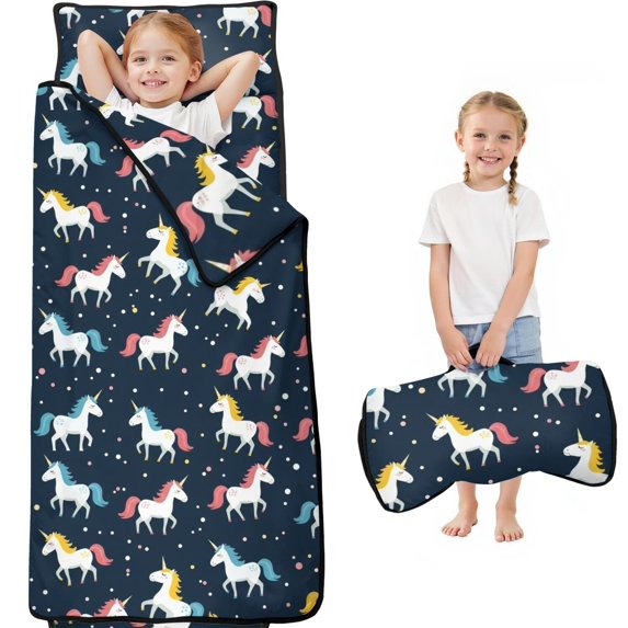 Unicorn and Star Black Pattern Teens Toddler Nap Mat with Pillow, Sleeping Mat Bag for Preschool Daycare 60"x20"