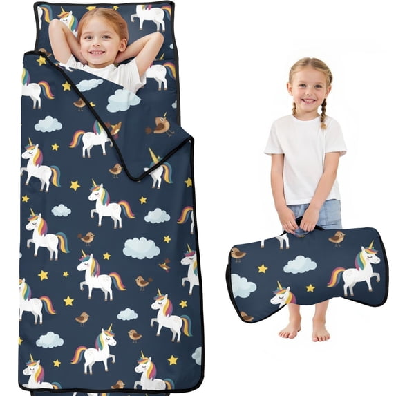 Unicorn and Star Blue Pattern Teens Toddler Nap Mat with Pillow, Sleeping Mat Bag for Preschool Daycare 60"x20"
