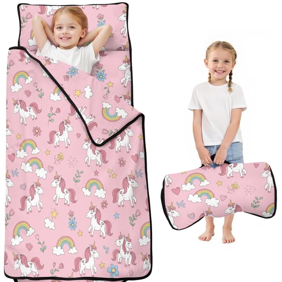 Unicorn and Star Pink Pattern Teens Toddler Nap Mat with Pillow, Sleeping Mat Bag for Preschool Daycare 51"x22"