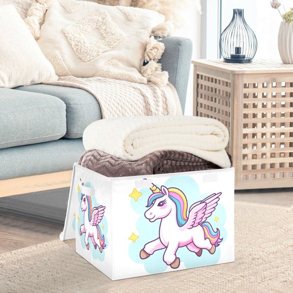 Unicorn and Stars Storage Basket Foldable Laundry Basket Shelf Kids Toy Storage Container Organizer with Handles