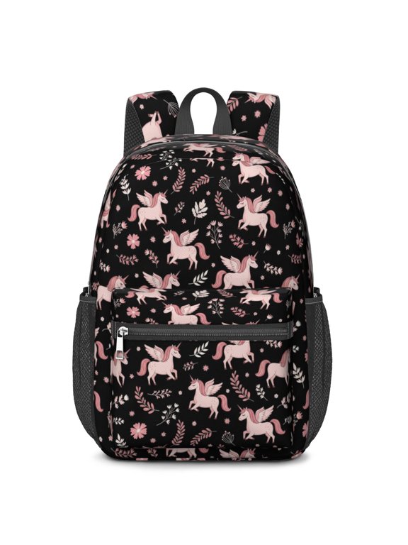 Unicorn and Wing Black Pattern 17" Waterproof Oxford School Backpacks for Teens, S-Shape Padded Straps, for School, Travel, Hiking, Camping