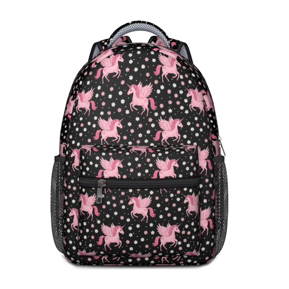 Unicorn and Wing Black Pattern Backpack for School, Cute School Bag with Adjustable Shoulder Straps and Padded Back, 15.3"x11"x6.7"