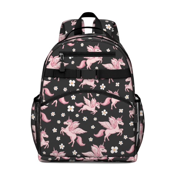 Unicorn and Wing Black Pattern Cute School Backpack Bag for School with Padded Back and Adjustable Shoulder Straps 15.25"x11.5"x5.25"