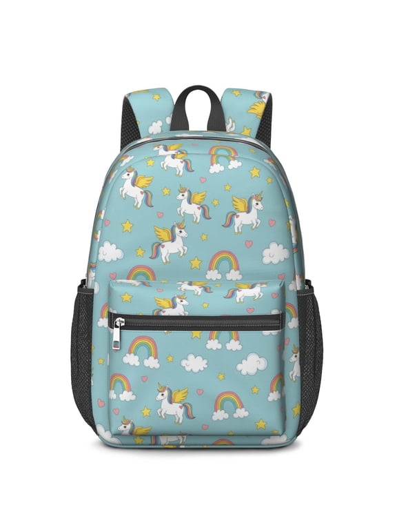Unicorn and Wing Blue Pattern 17" Waterproof Oxford School Backpacks for Teens, S-Shape Padded Straps, for School, Travel, Hiking, Camping