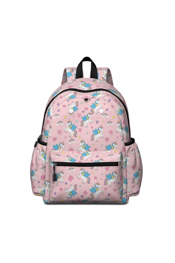 Unicorn and Wing Pink Pattern Backpack for School, Cute School Bag with Adjustable Shoulder Straps and Padded Back, 13.4"x11"x4.7"