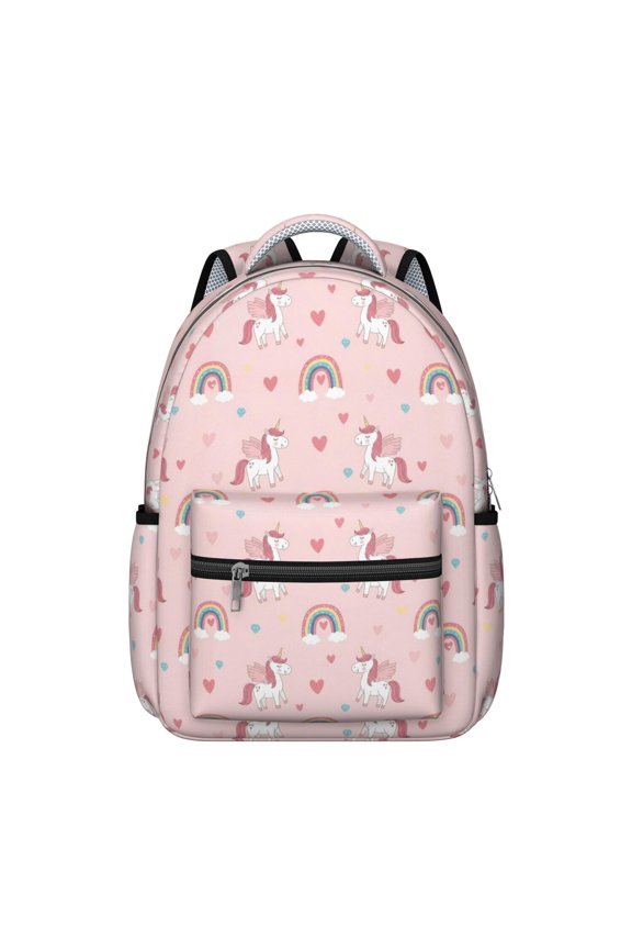 Unicorn and Wing Pink Pattern Backpack for School, Cute School Bag with Adjustable Shoulder Straps and Padded Back, 15.3"x11"x7.1"