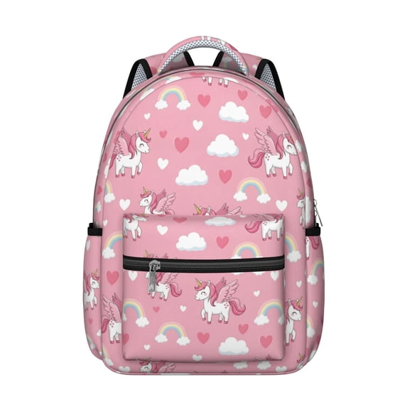 Unicorn and Wing Pink Pattern Backpack for School, Cute School Bag with Adjustable Shoulder Straps and Padded Back, 15.3"x11"x7.1"