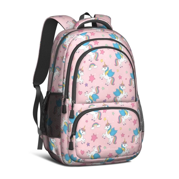 Unicorn and Wing Pink Pattern Backpack for School, Cute School Bag with Adjustable Shoulder Straps and Padded Back, 16.9"x12.6"x5.9"