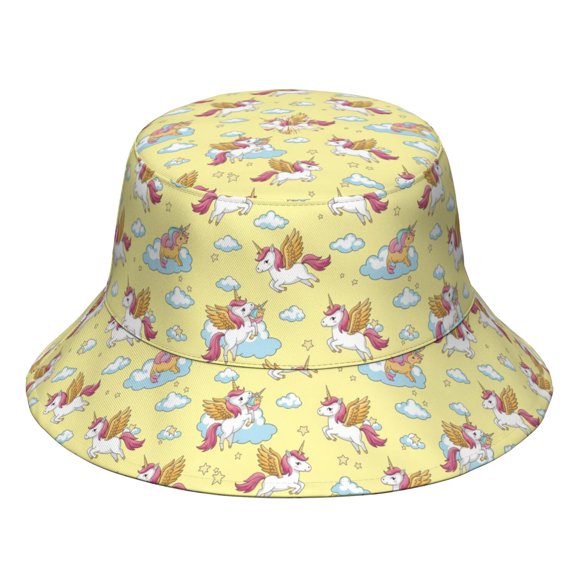 Unicorn and Wing Yellow Pattern Bucket Hat, Beach Bucket Hat with Wide Brim & Breathable Fabric, Polyester Twill Gifts for Unisex Men Women