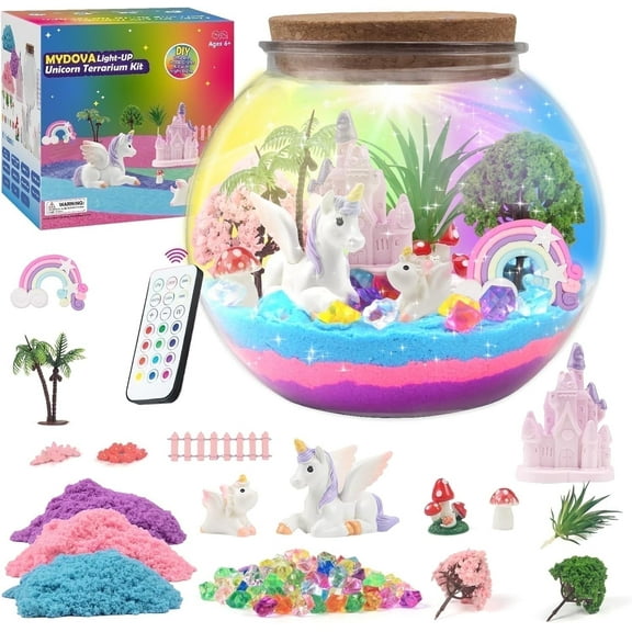 RHYBOR DIY Unicorn Terrarium Fairy Garden Craft Kit with Timing Remote Control And Coloured Lights Children's Gifts for Girl