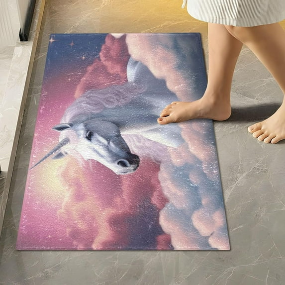 Unicorn in Clouds Toilet Rugs U-Shaped Absorbent Non-Slip Bath Rug Soft Polyester Fiber Machine Washable Bathroom Mats 24x16 Inches Home Decor