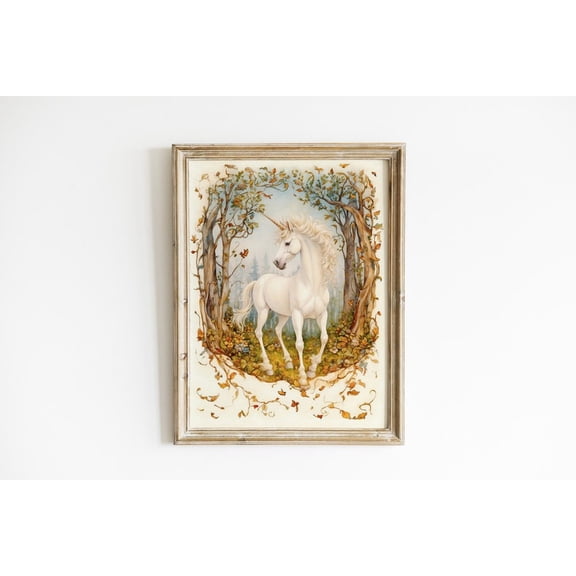 Unicorn in Enchanted Autumn Forest Magical Unicorn Wall Art Aesthetic Decor