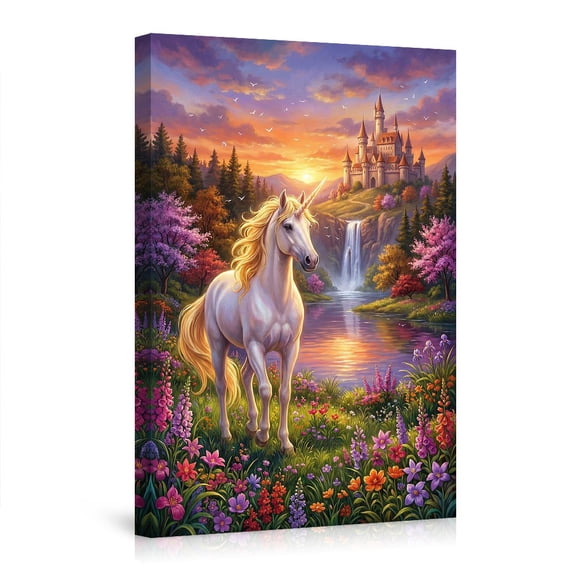 "Unicorn in Enchanted Forest" Canvas Wall Art, Fantasy Castle & Waterfall Illustration, Magical Whimsical Decor for Girls Bedroom & Modern Home