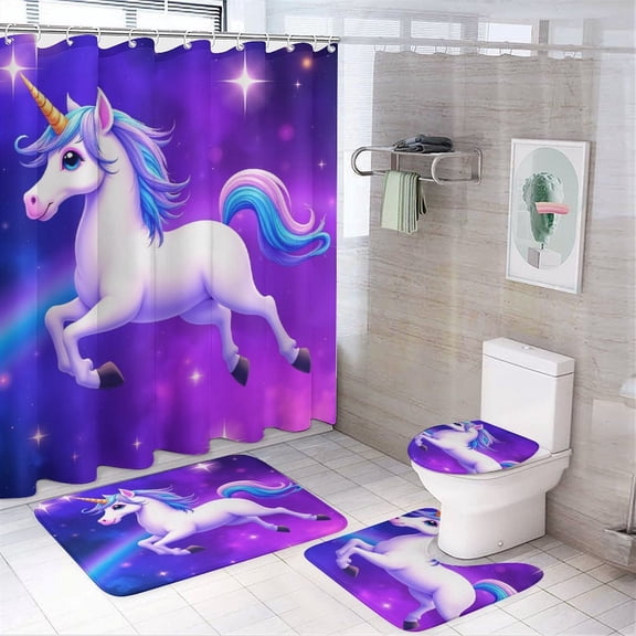 Unicorn in Galaxy Shower Curtain Waterproof Bathroom Curtain Set with Hooks Home Decor Bathroom Curtains 4pcs