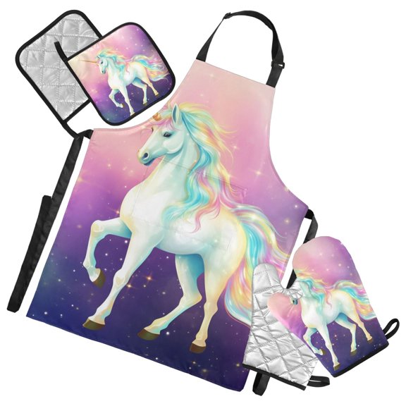 Unicorn in Starry Sky 5 Pcs Kitchen Set Heat Resistant Oven Mitts and Non-Slip Pot Holders with Adjustable Cooking Apron