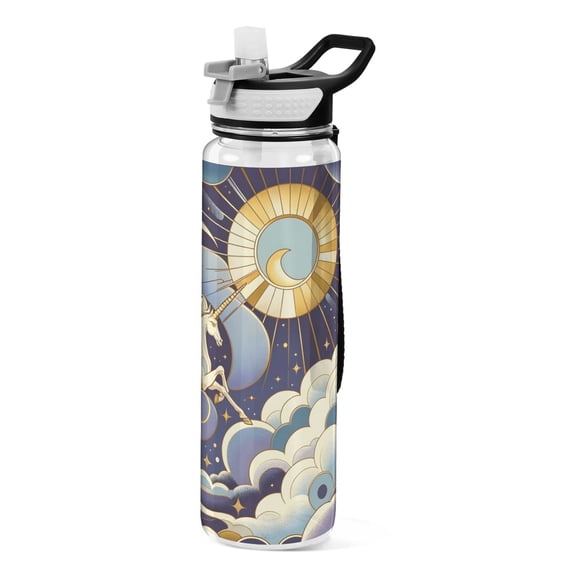 Unicorn on Moon Clouds Sports Water Bottle Portable Travel Mug 32oz BPA Free Leak Proof Straw Transparent Tritan for Gym Yoga Cycling Camping