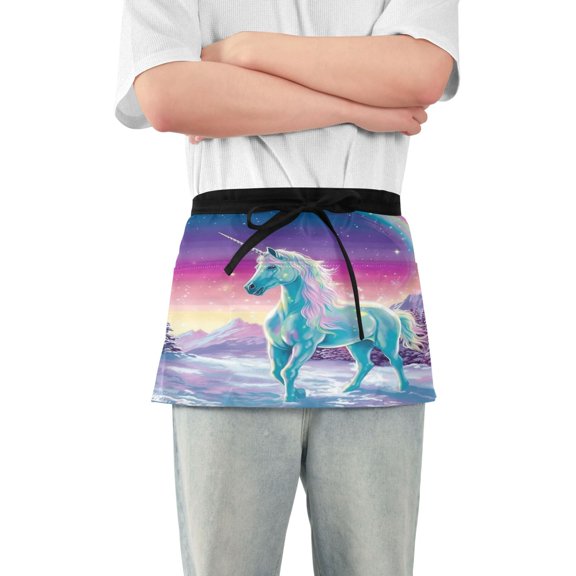 Unicorn on Snow Server Apron with 3 Pockets Waterproof Waitress Waist Short Apron for Man Woman 12 Inches