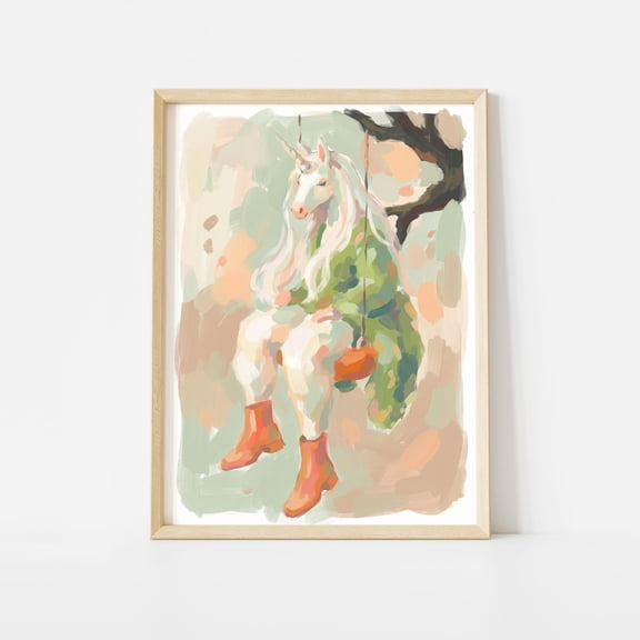 Unicorn on Swing Whimsical Wall Art Poster Unframed Paper Print