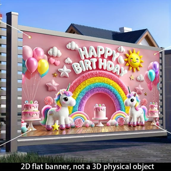 Unicorn rainbow birthday theme banner, indoor and outdoor party decoration background cloth, 71x43 inches, birthday wall flag hanging, candy cake and balloon cloud design, suitable for family and var