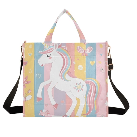 Unicorn with Flowers and Hearts Corduroy Tote Bag Handbag Large Messenger Bag Shoulder Crossbody Zipper Bag Purse