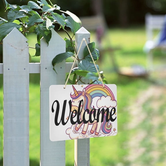 Unicorn with Rainbow Stars Clouds Welcome Sign for Front Door Porch Wreath Door Sign Home Decoration Rustic Farmhouse Style