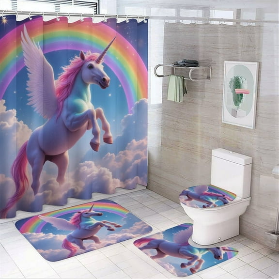 Unicorn with Rainbow Wings Shower Curtain Bathroom Sets Toilet Lid Rug, Bath Mat And Contour Mat, Shower Curtain 4Pcs