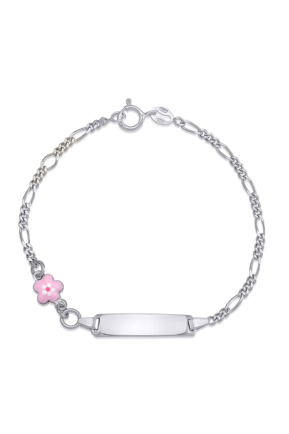 Sterling Silver ID Bracelet Girls Pink Flower Figaro Enamel 6.5" Italy