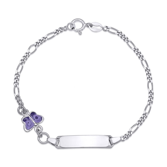 Unicornj Sterling Silver ID Bracelet Girls Purple Butterfly Figaro Enamel 6.5" Italy
