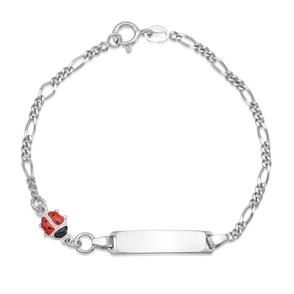 Unicornj Sterling Silver ID Bracelet Girls Red Ladybug Figaro Enamel 6.5" Italy