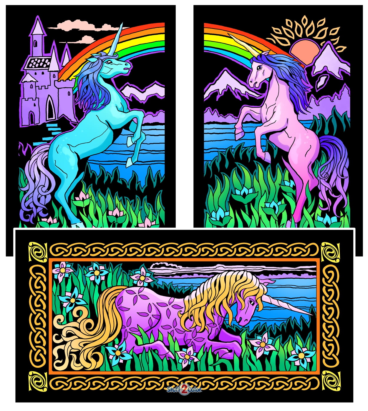 Unicorns - 3 Pack - Fuzzy Velvet Coloring Poster (3 Small Designs