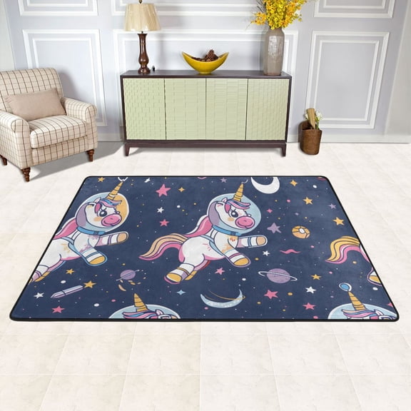 Unicorns Astronaut Planets Area Rug Washable 72 x 48 Floor Carpet Mat Non Slip for Bedroom Living Room Kids Room Home Decor