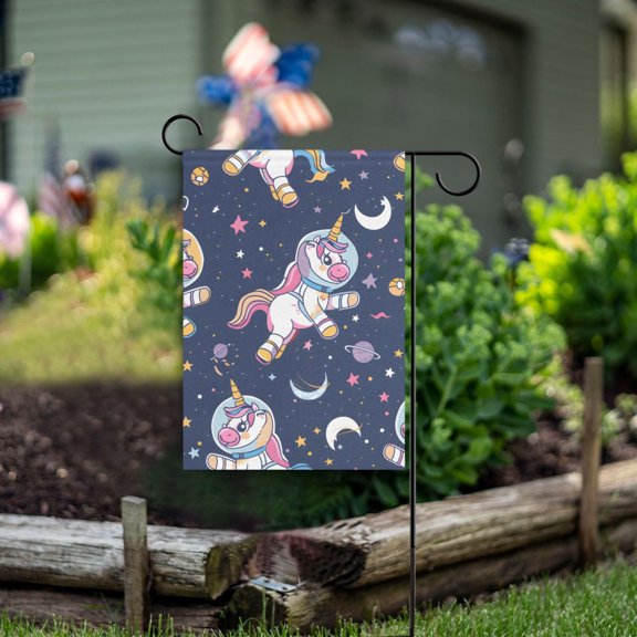 Unicorns Astronaut Planets Garden Flag Double Sided Outdoor Banners for Courtyard Outdoor Lawn Farmhouse Holiday Decorations