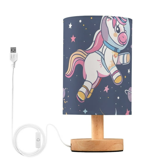 Unicorns Astronaut Planets Table Lamp USB Bedside Desk Nightstand Lamp Printed Gifts Small Lamp Wood Base for Bedroom Living Room Kids Room College Dorm
