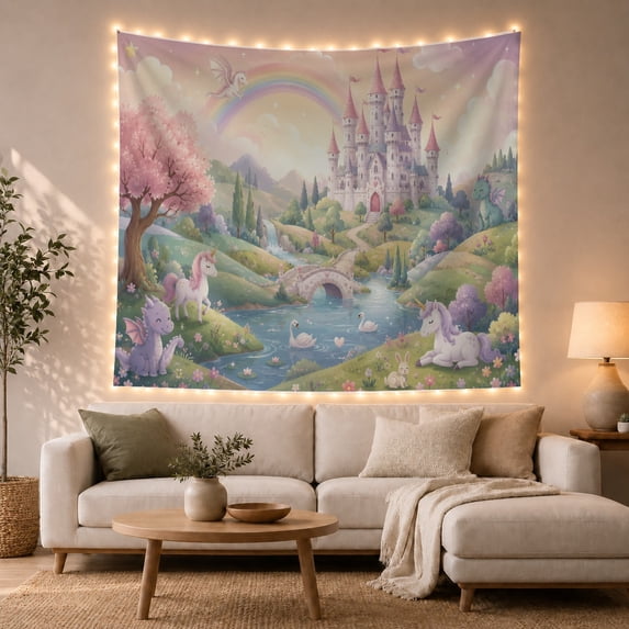 Unicorns by a Castle and Rainbow River, Dreamy Fantasy for Mythical Creature Fans, Castle Kingdom Decor, Birthday Gift, Tapestry Wall Hanging for Bedroom and Living Room