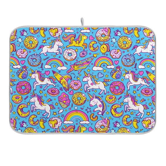 Unicorns Donuts Rainbow Dish Drying Mat 18x24 Absorbent Microfiber Draining Rack Pad for Kitchen Counter Sink