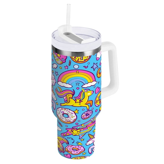 Unicorns Donuts Rainbow Tumbler with Handle and Straw Lid 30 oz Insulated Vacuum Water Bottle Stainless Steel Travel Cup